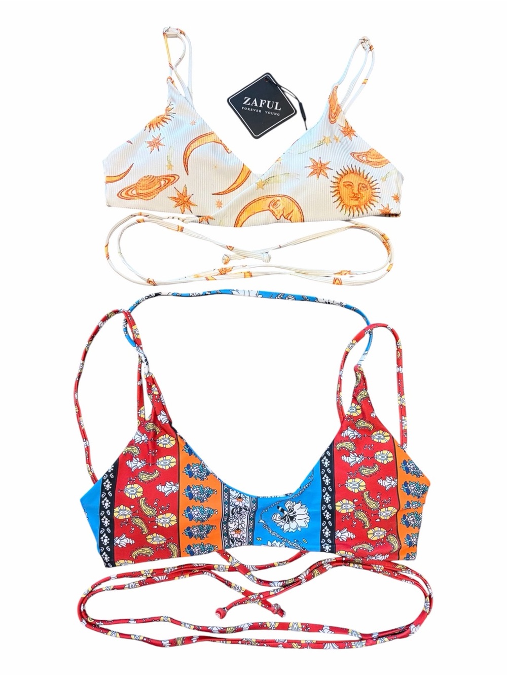 ZAFUL Bikini Tops Bundle Ribbed Celestial Sun Moon & Patchwork Boho Size M